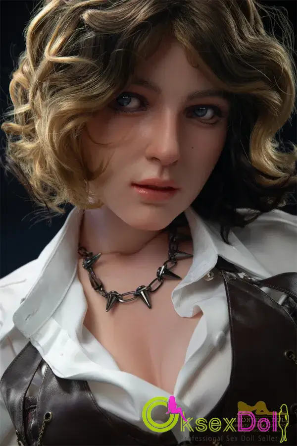 Chain Spike Necklace Curly Short Hair Sex Dolls 153cm/5ft F-cup Silicone Love Doll