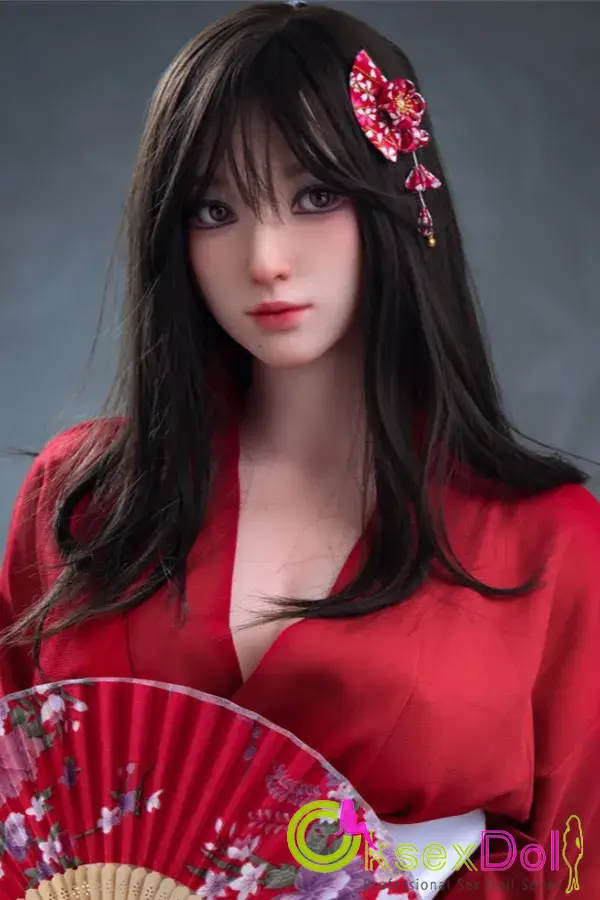 Red Kimono Folding Fan Black Long Hair 164cm/5ft5 E-cup Silicone Love Dolls