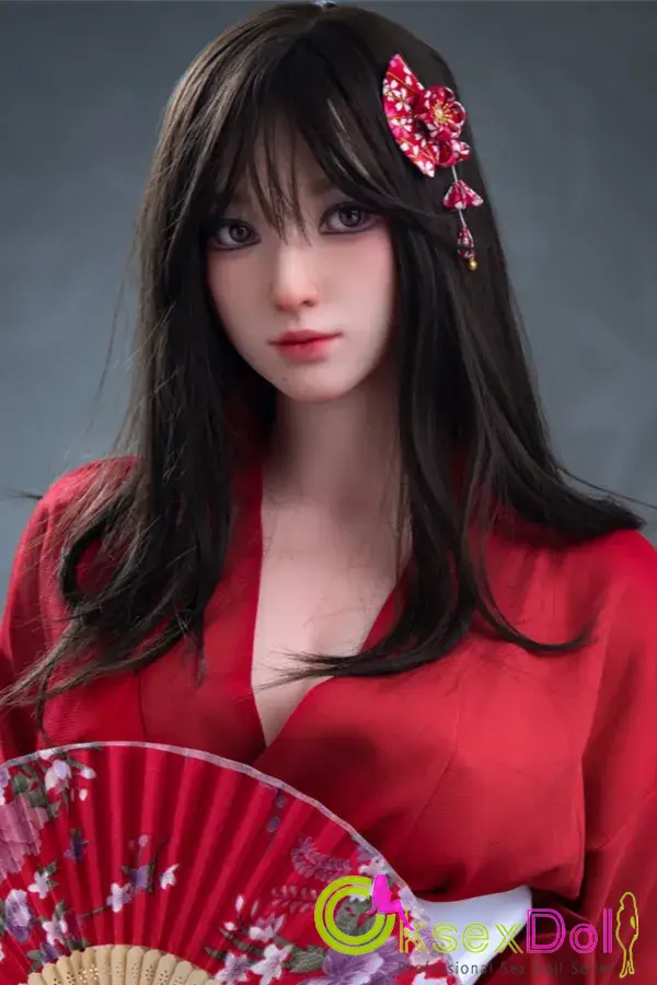 Red Kimono Folding Fan Black Long Hair Love Dolls img